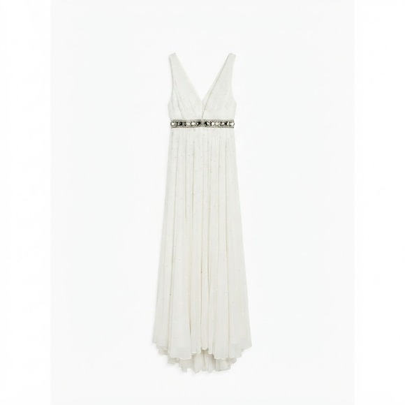 Sherri Hill Dresses & Skirts - Sherri Hill White Beaded Deep V Pleated Goddess Gown Size 2